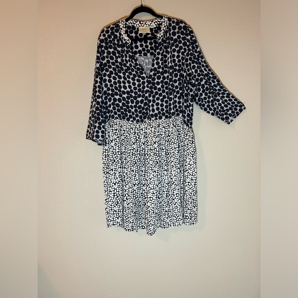 Anthropologie Navy and White Mixed Polka Dot Midi Dress